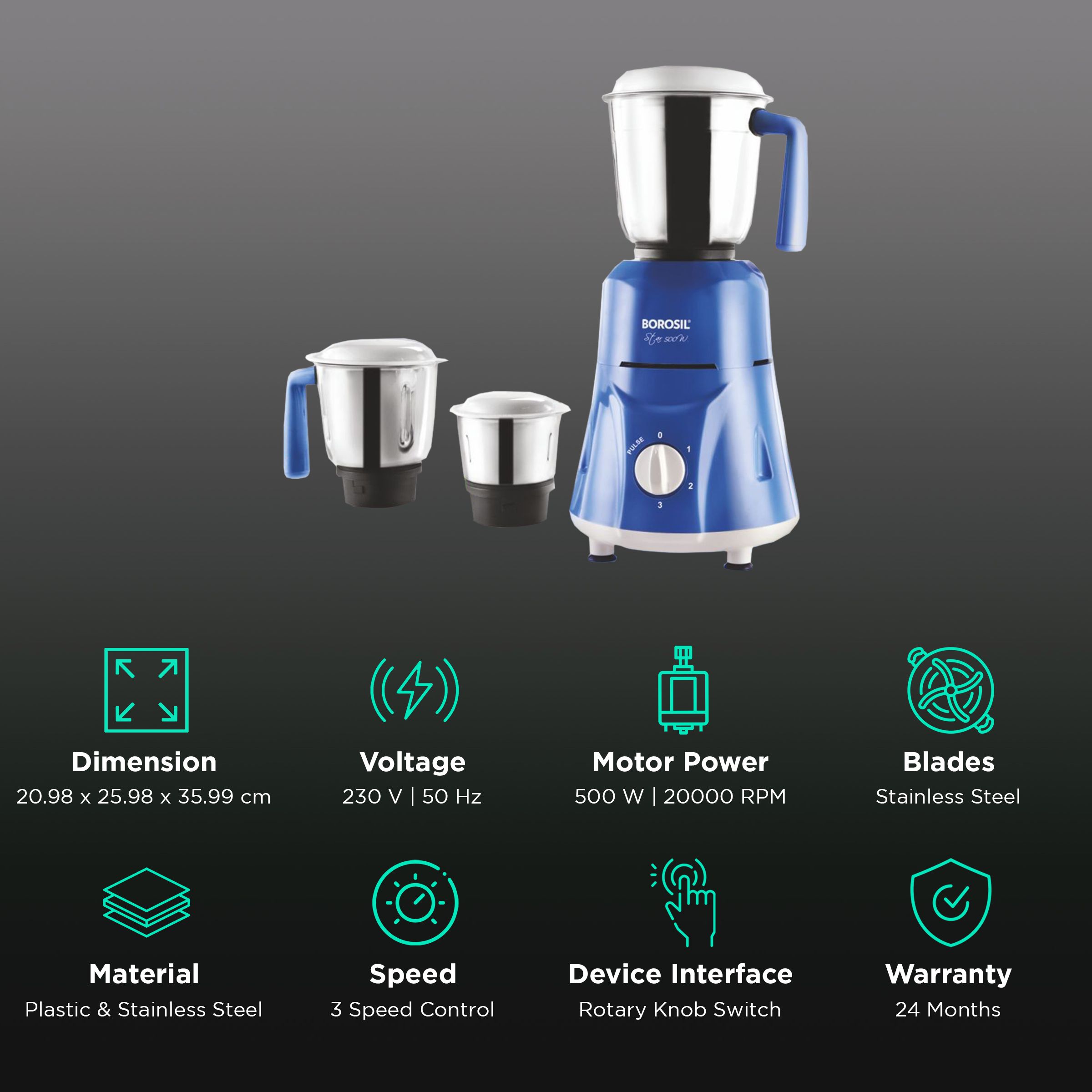 Buy BOROSIL Star 500 Watt 3 Jars Mixer Grinder (20000 RPM, 3 Speed Control with Pulse Function